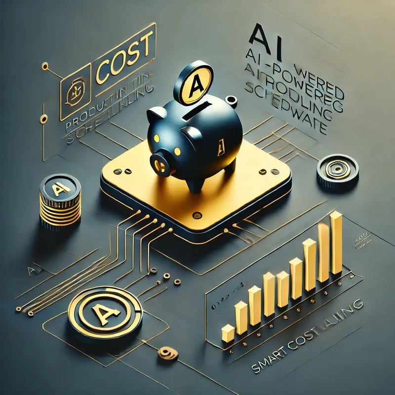DALL·E 2025-03-20 10.54.50 - A modern, minimalist, futuristic digital graphic illustrating the cost factor of AI-powered production scheduling software. The design follows a clean