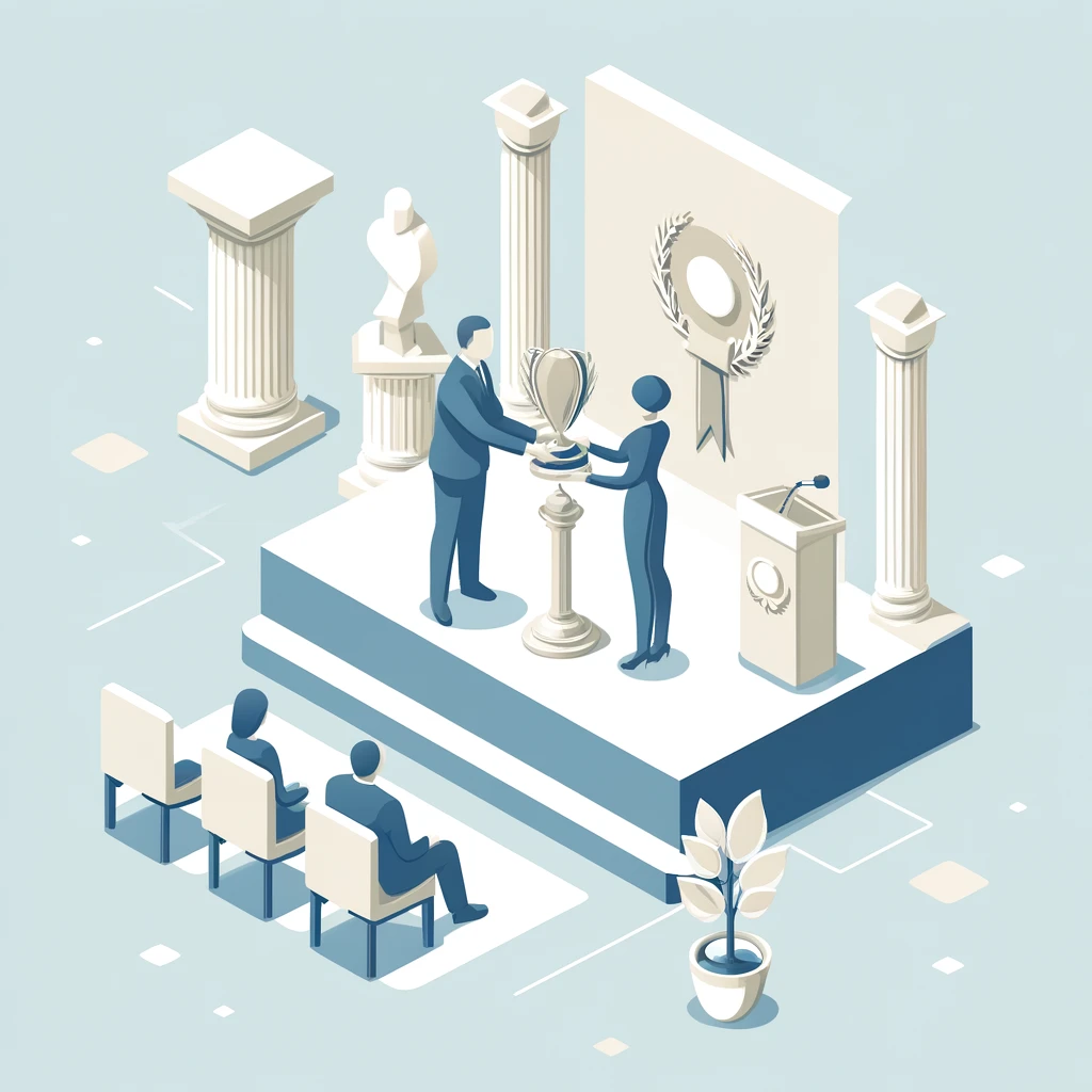 DALL·E 2024-04-17 14.14.28 - A modern, minimalist isometric illustration of an award ceremony scene. The focus is on a dignified award presentation with a person receiving a troph